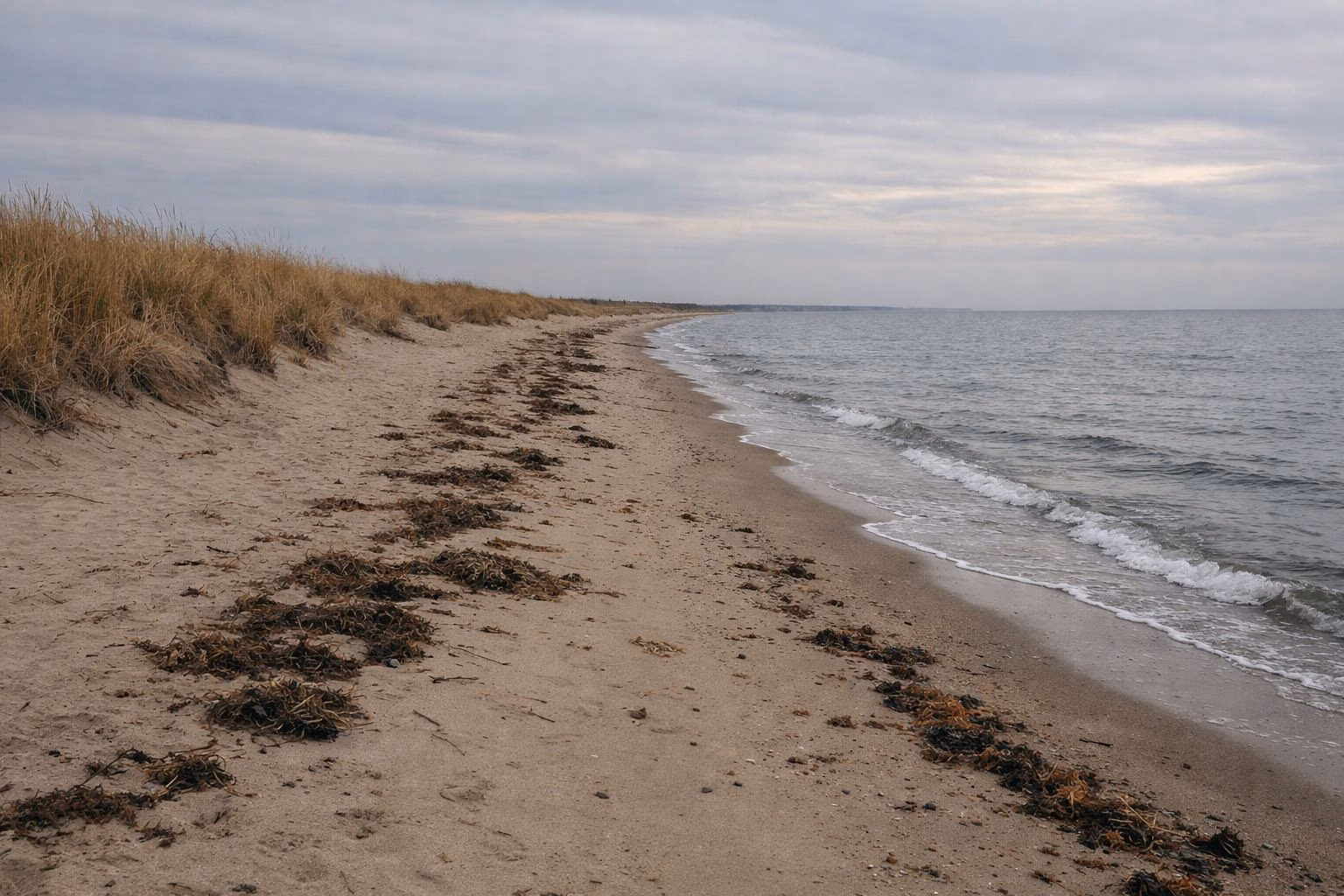 Long empty beach under a gray autumn sky, with tan dune grass and seaweed along the tide line