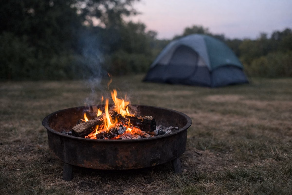 Small campfire in a rusty raised steel fire pit on worn grass at dusk, with a tent behind