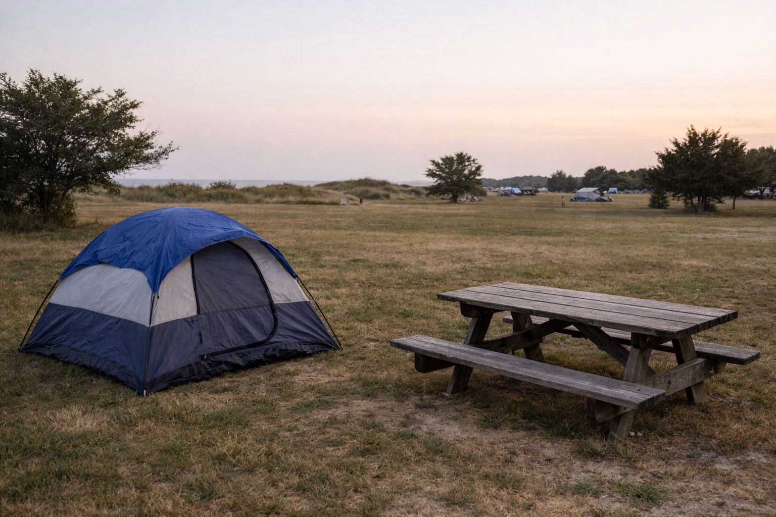 Grassy open campsite with a dome tent and a weathered picnic table on a summer evening