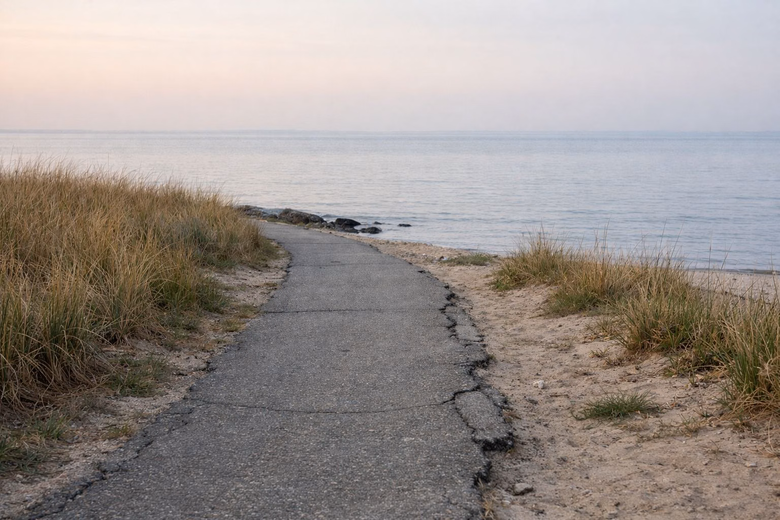 Worn paved path beside beach grass leading toward calm water at dawn