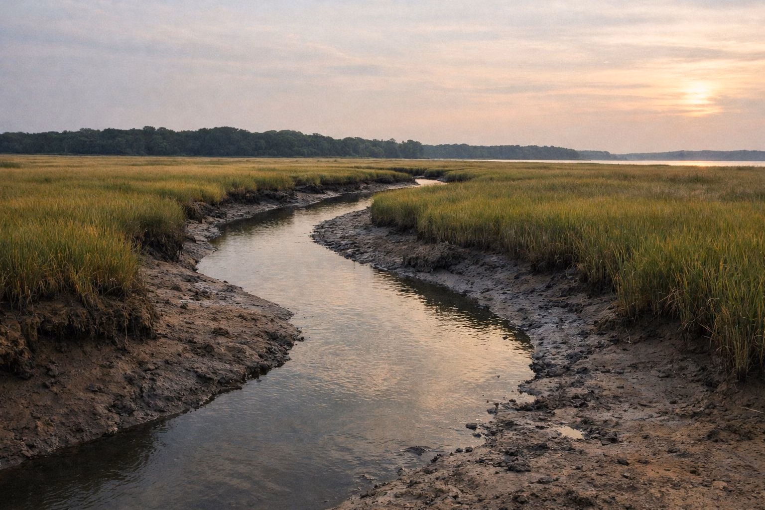 Tidal creek winding through salt marsh grass toward open water in evening light