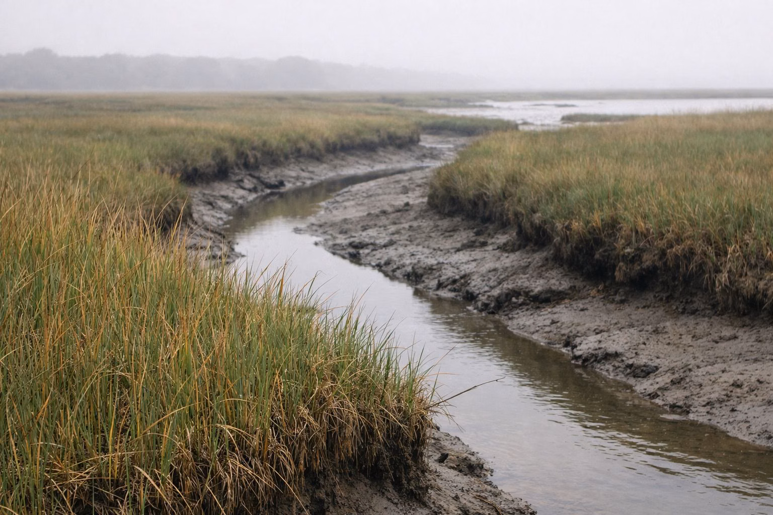 Salt marsh grasses and a narrow muddy tidal creek on a misty morning