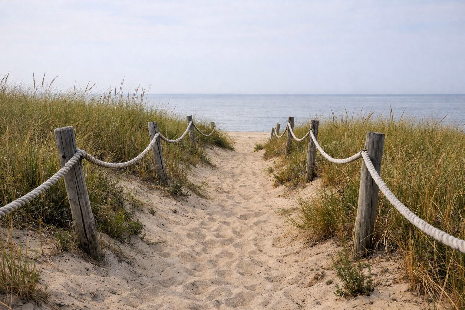 Sandy path through beach grass between post-and-rope fencing leading to the water